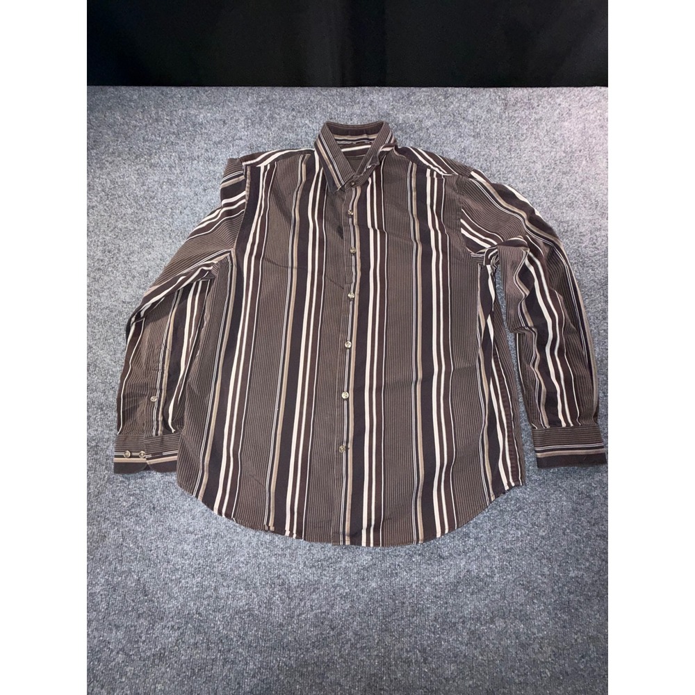 Perry Ellis Mens Brown Striped Long Sleeve Button Down Shirt Large 100% Cotton
